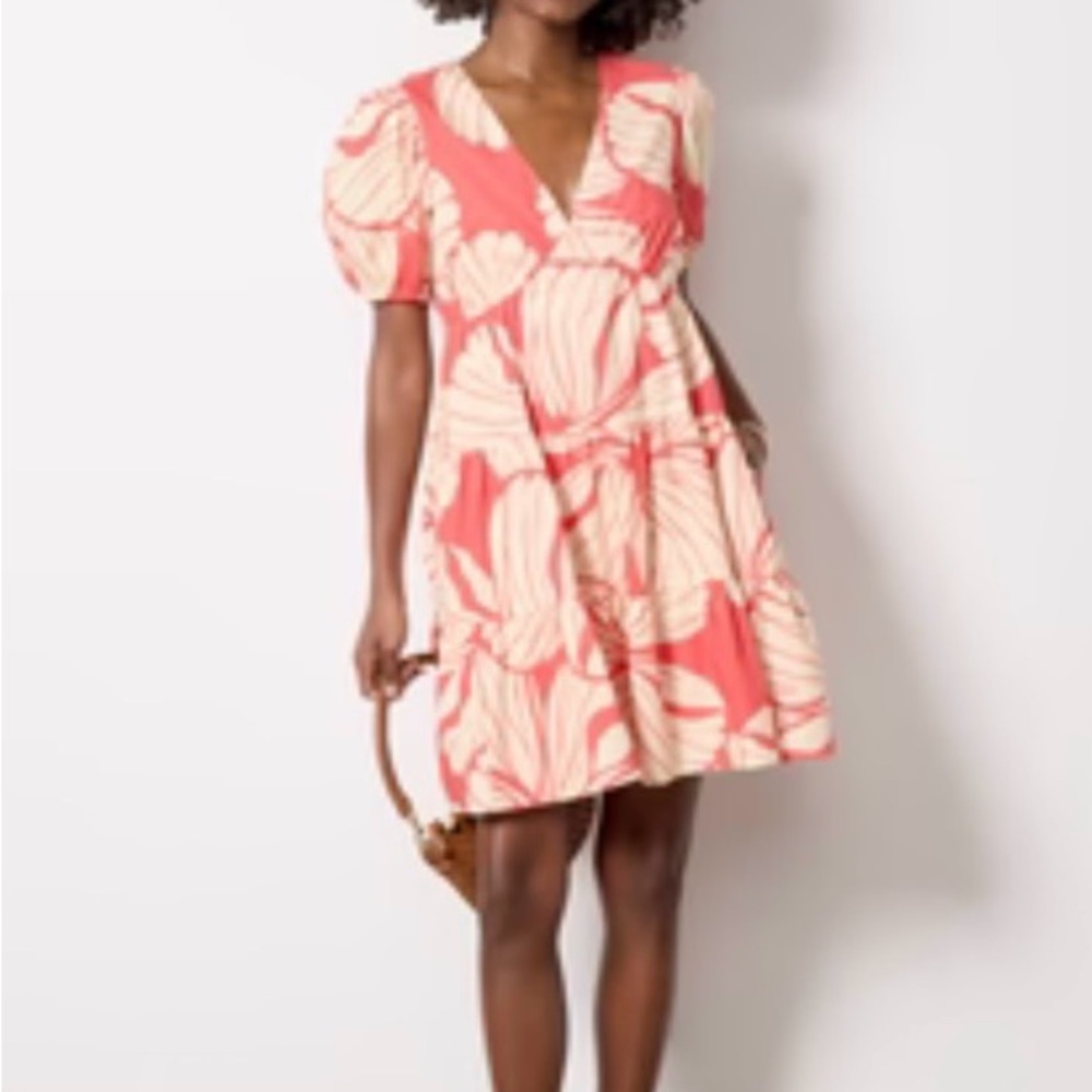 Hutch Evereve short sleeve Coral and Cream Floral V-Neck Dress small 100% cotton - Picture 2 of 8